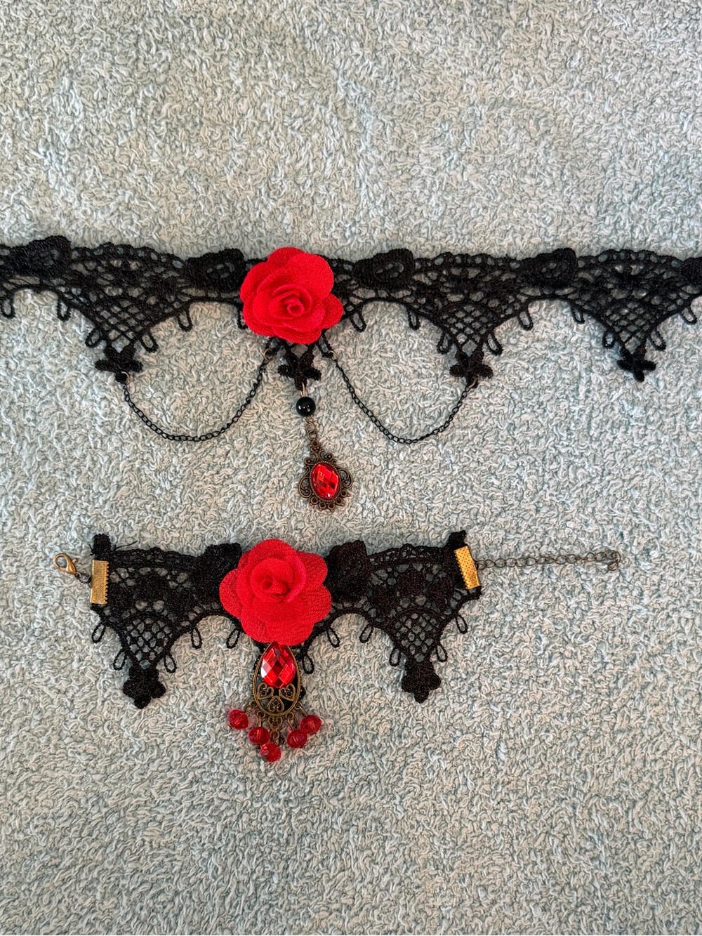 Gothic Black Lace Red Gem Jewelry Set Necklace Bracelet Dangle Halloween Costume